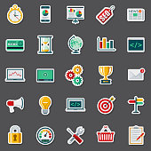 A set of flat design icons in a sticker type format. File is built in the CMYK color space for optimal printing. Color swatches are global so it’s easy to edit and change the colors.