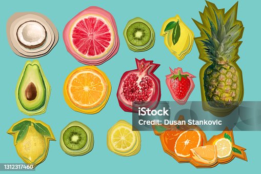 istock Stickers of different fruits 1312317460