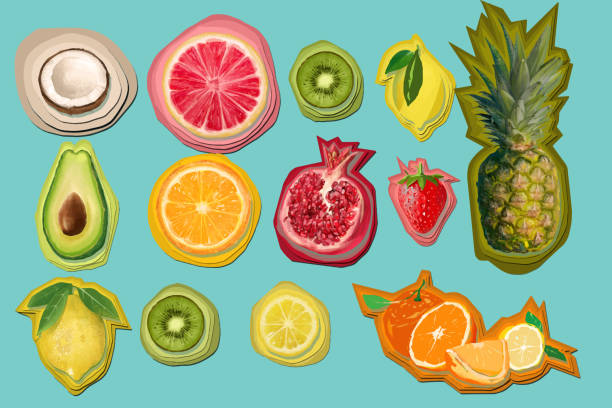 illustrazioni stock, clip art, cartoni animati e icone di tendenza di adesivi di diversi frutti - stankovic