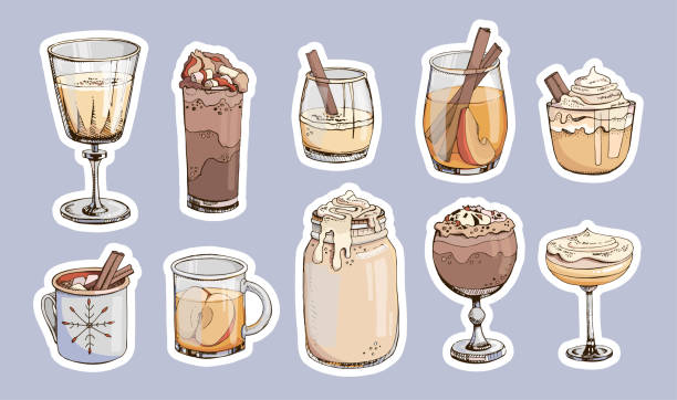 Stickers. Sticker pack. Popular hot winter drinks isolated vector illustrations. Christmas beverages and cocktails. Mug of hot chocolate eggnog apple cider coffee cacao wine champagne. Stickers. Sticker pack. Popular hot winter drinks isolated vector illustrations. Christmas beverages and cocktails. Mug of hot chocolate eggnog apple cider coffee cacao wine champagne eggnog stock illustrations