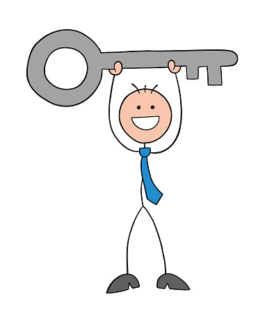 Stickman businessman character happy and raising big key, vector cartoon illustration