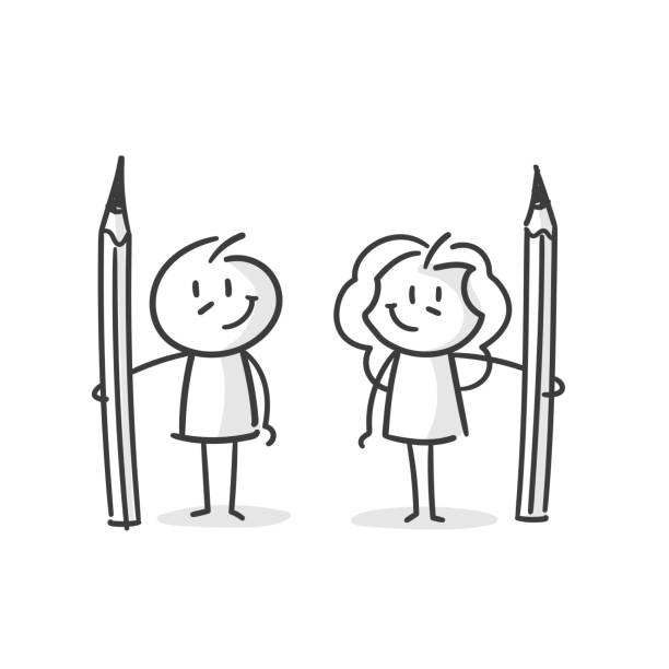 Stickman: Pencil, Pencil, School, Drawing, Art (No. 12) Two stick figures with pencils in hand writing activity clipart stock illustrations