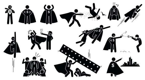 Stickman Superman Superhero. Cliparts depict a hero character in actions. The superhero is beating bad people, flying up, rescuing a girl, and protecting the city from villain. cape stock illustrations