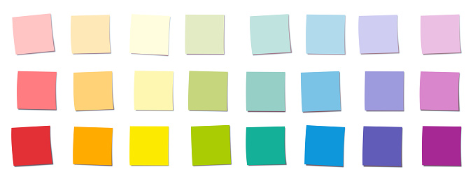 Sticky notes, rainbow gradient colored square notepads, different colors and saturations. Isolated vector illustration on white background.