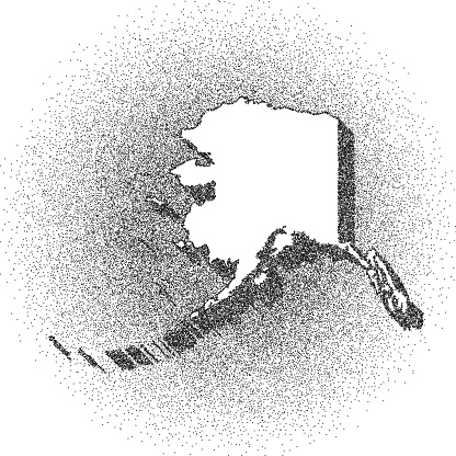Map of Alaska draw with the stippling technique. Beautiful and trendy illustration created only with dots and isolated on a blank background. White map with dotted black outline and dark shadow. White background with a stippled circular gradient. (colors used: black and white). Vector Illustration (EPS10, well layered and grouped). Easy to edit, manipulate, resize or colorize. Vector and Jpeg file of different sizes.