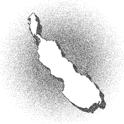 Map of Bougainville draw with the stippling technique. Beautiful and trendy illustration created only with dots and isolated on a blank background. White map with dotted black outline and dark shadow. White background with a stippled circular gradient. (colors used: black and white). Vector Illustration (EPS10, well layered and grouped). Easy to edit, manipulate, resize or colorize. Vector and Jpeg file of different sizes.