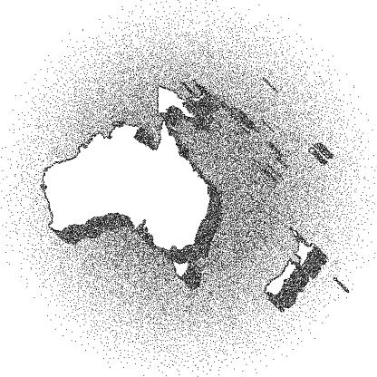 Map of Oceania draw with the stippling technique. Beautiful and trendy illustration created only with dots and isolated on a blank background. White map with dotted black outline and dark shadow. White background with a stippled circular gradient. (colors used: black and white). Vector Illustration (EPS10, well layered and grouped). Easy to edit, manipulate, resize or colorize. Vector and Jpeg file of different sizes.