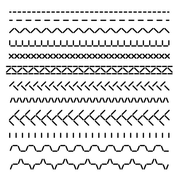 Stitched seamless borders, sewing machine seams for fabric structure vector set isolated Stitched seamless borders, sewing machine seams for fabric structure vector set isolated. Illustration of sewing thread stitch, embellishment pattern border sewing stock illustrations