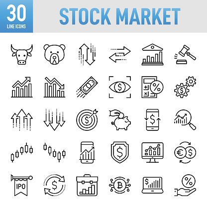 Stock Market and Exchange Line Icon Set. Set of vector creativity icons. 64x64 Pixel Perfect. For Mobile and Web. Idea generation preparation inspiration influence originality, concentration challenge launch. Contains such icons as Finance, Saving Money, Bank, Banking, Capital, Financial Control, Money  Management, Investment.