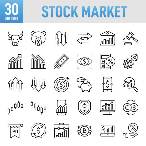 Stock Market and Exchange Icons Collection - Thin line vector icon set. Pixel perfect. For Mobile and Web. The set contains icons: Finance, Saving Money, Bank, Banking, Capital, Financial Control, Money  Management, Investment Stock Market and Exchange Line Icon Set. Set of vector creativity icons. 64x64 Pixel Perfect. For Mobile and Web. Idea generation preparation inspiration influence originality, concentration challenge launch. Contains such icons as Finance, Saving Money, Bank, Banking, Capital, Financial Control, Money  Management, Investment. business NOT handshakes stock illustrations