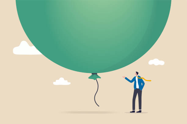 Stock market, crypto currency bitcoin bubble, risk of speculation investment, big debt balloon ready to burst concept, fearful businessman investor standing under huge big air balloon bubble.  inflation stock illustrations