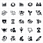 Icons related to investing in the stock market. The set of icons include the highs and lows of investing and include graphs showing growth, graphs showing decline, nest egg, cracked nest egg, investments, investors, brokers, bear market, bull market, global markets, investment growth as well as investment decline.