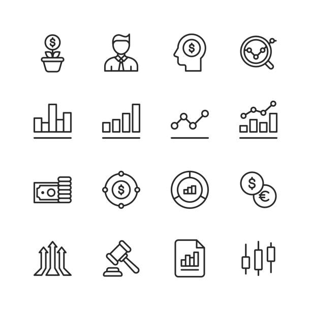 Stock Market Line Icons. Editable Stroke. Pixel Perfect. For Mobile and Web. Contains such icons as Stock Market, Currency Exchange, Cryptocurrency, Savings, Investment, Bull Market, Bear Market, Data, Graph, Technical Analysis, Growth, Recession. 16 Stock Market Outline Icons. wall street stock illustrations