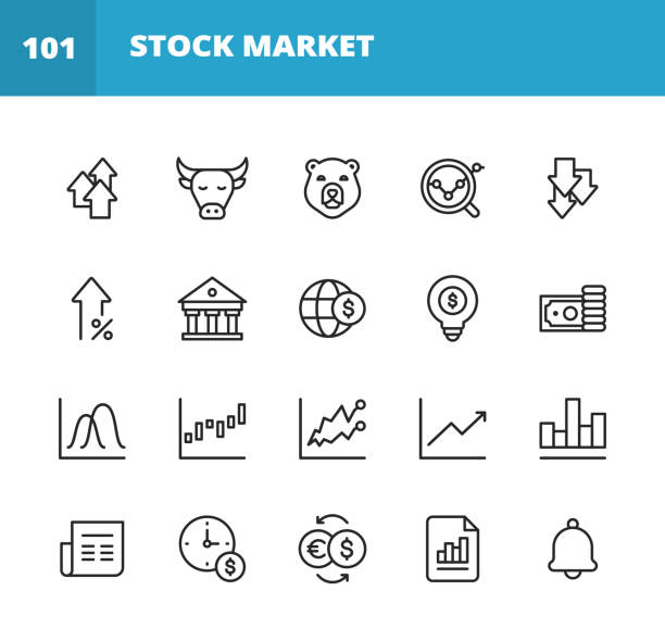 Stock Market Line Icons. Editable Stroke. Pixel Perfect. For Mobile and Web. Contains such icons as Stock Market, Currency Exchange, Cryptocurrency, Savings, Investment, Bull Market, Bear Market, Data, Graph, Technical Analysis, Growth, Recession. 20 Stock Market Outline Icons. wall street stock illustrations
