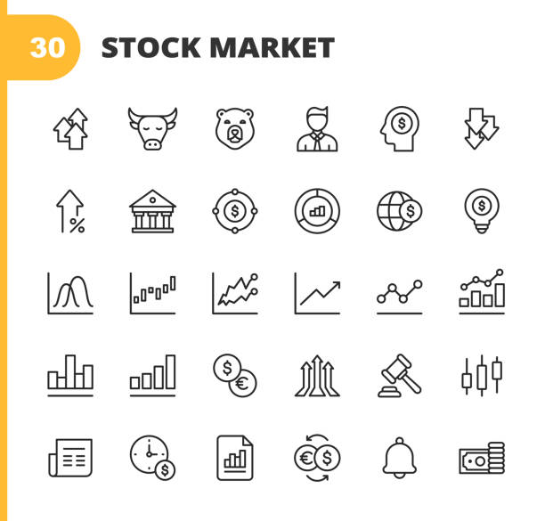 ikony linii giełdowych. edytowalny obrys. pixel perfect. dla urządzeń mobilnych i sieci web. zawiera takie ikony jak giełda, giełda walut, kryptowaluta, oszczędności, inwestycje, hossa, bessa, dane, wykres, analiza techniczna, wzrost, recesja. - stock market stock illustrations