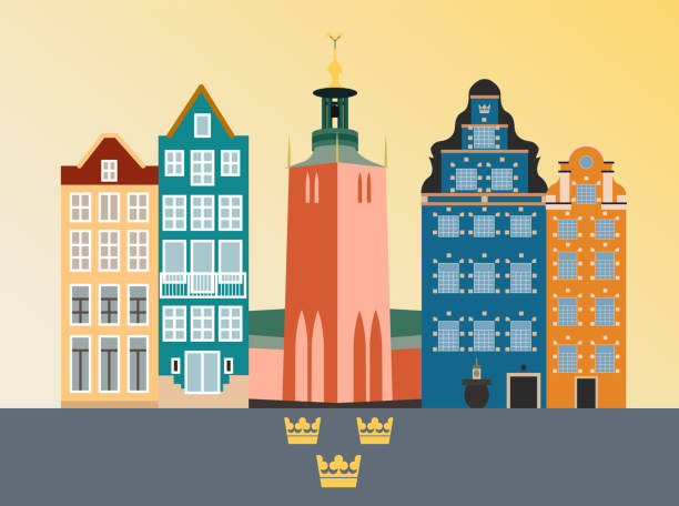 bildbanksillustrationer, clip art samt tecknat material och ikoner med stockholm landscape, panorama of the old european city, scandinavian style - stockholm