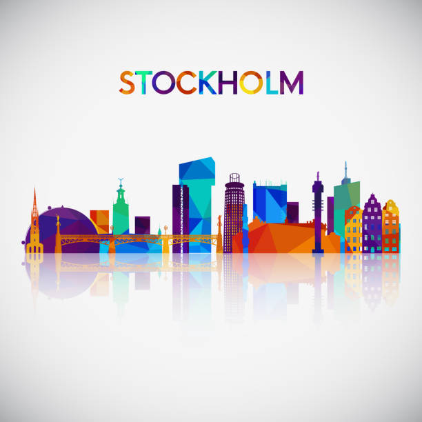 bildbanksillustrationer, clip art samt tecknat material och ikoner med stockholm skyline siluett i färgglada geometriska stil. symbol för din design. vektorillustration. - stockholm