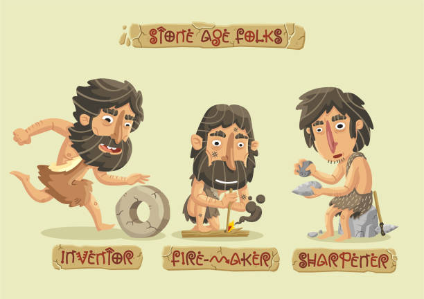 ilustrações de stock, clip art, desenhos animados e ícones de stone age characters set - fire caveman