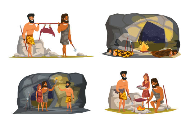 ilustrações de stock, clip art, desenhos animados e ícones de stone age life scenes vector illustrations set - fire caveman