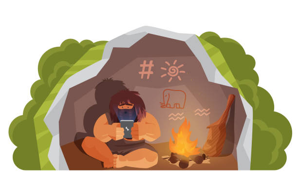 ilustrações de stock, clip art, desenhos animados e ícones de stone age primitive man holding mobile phone modern technology, sitting in rock cave - fire caveman