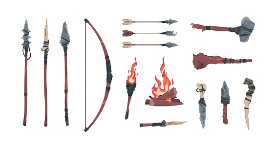 Stone age tools. Primitive caveman weapon. Prehistorical spear and axe. Bow and arrows. Neanderthal rock or wooden knifes. Bonfire and flaming torch. Vector archaeological finds set