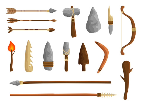 Stone age tools set, caveman civilization culture