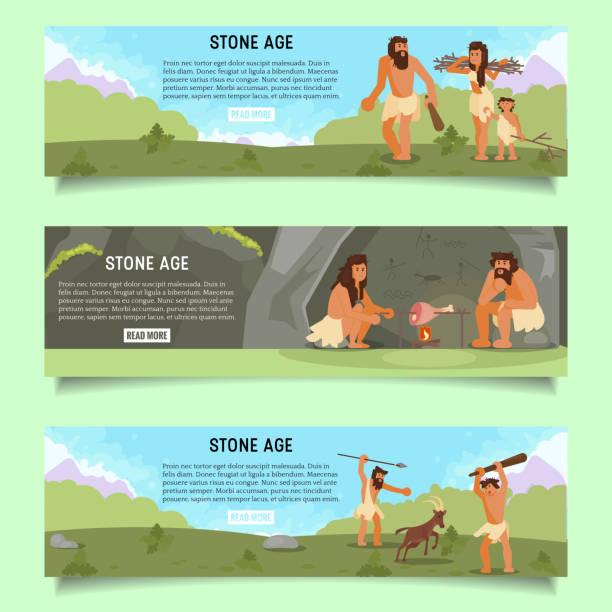 ilustrações de stock, clip art, desenhos animados e ícones de stone age vector web banner template set - fire caveman