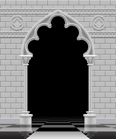 Stone gothic arch and wall in black and white colors on the glossy chess floor