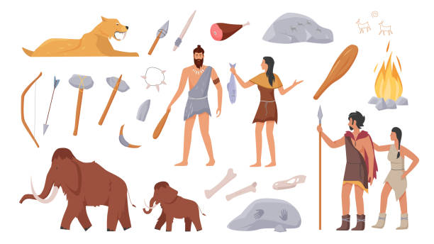 ilustrações de stock, clip art, desenhos animados e ícones de stoneage primeval family people of primal tribe, prehistoric animals, weapon tools set - fire caveman