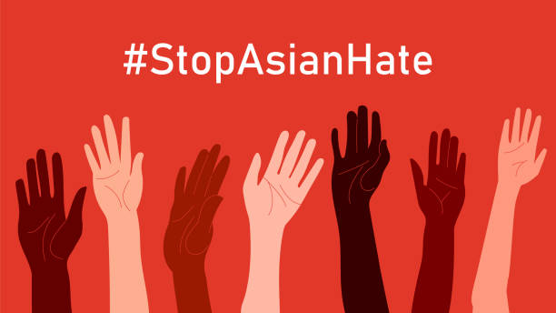 Stop Asian Hate. Hashtag StopAsianHate. Horizontal poster with people of different skin colors and raised hands. Stop AAPI hate campaign. Vector illustration in flat style for postcard, web, and etc Stop Asian Hate. Hashtag StopAsianHate. Horizontal poster with people of different skin colors and raised hands. Stop AAPI hate campaign. Vector illustration in flat style for postcard, web, etc. east asian ethnicity stock illustrations
