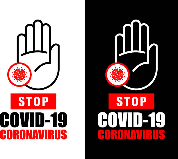 ilustraciones, imágenes clip art, dibujos animados e iconos de stock de señal de advertencia contra brotes de coronavirus - stop