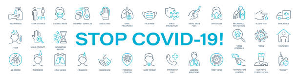 остановите covid-19! -вирус тонкая линия значок набор. иллюстрация вектора коронавируса - covid stock illustrations