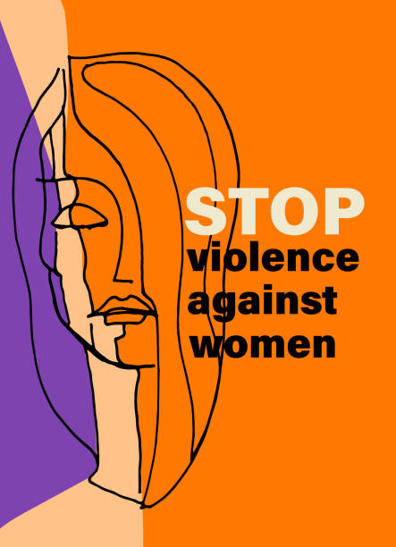 koncepcja "stop przemocy domowej". zarys kobiety, tło z fioletowym kolorem świadomości, tytuł kampanii - violence against women stock illustrations