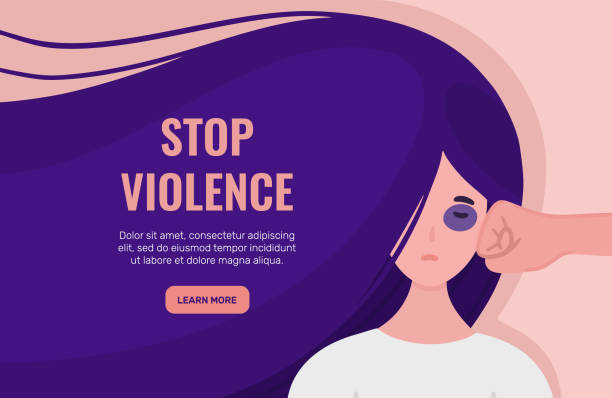 가정 폭력을 중지합니다. 여자는 가해자에 의해 얼굴에 펀치된다. 보라색 머리를 가진 소녀 - violence against women stock illustrations