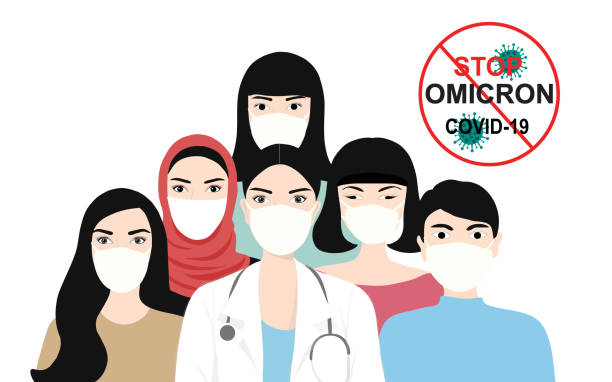 stop omicron variant b.1.1.529 of covid-19. new strain of coronavirus. people must wearing protective face mask to protect from infection disease vector illustration - south africa covid stock illustrations