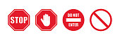 istock Stop red sign icon set. with white hand, do not enter, warning stop sign symbol. Sign road signal vector. 1422709952