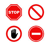 istock Stop sign set. Traffic stop icons. Prohibition sign collection. Do not enter. Warning and attention signs. Dangerous signs. Vector illustration. 1387606909