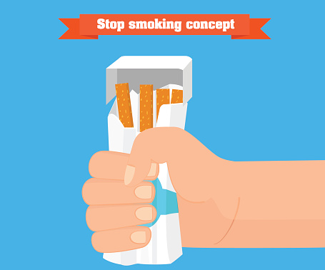 Stop smoking concept. Hand crushing a packet of cigarettes vector.
