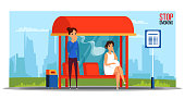 Stop smoking vector banner template. Cartoon pregnant woman angry with girl smoking at bus stop flat characters. Smoker threatening future child health. Anti nicotine addiction poster design layout