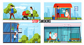 Stop smoking vector banner templates set. Fighting nicotine addiction, bad habit in public places. Harmful smoke affecting pregnant woman, young moms health. Cartoon smokers spoiling neighbours life