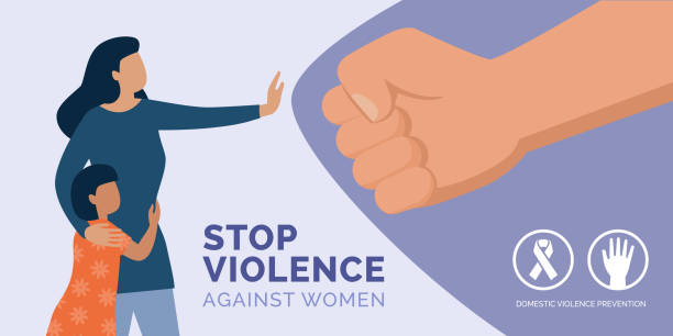 Stop violence against women awareness Stop violence against women awareness: mother protecting her daughter and herself and reacting against domestic violence violence stock illustrations