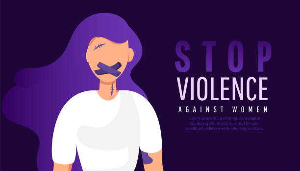 Stop violence against women. Sad lonely girl with mouth in adhesive tape restrained Sad lonely woman with mouth in adhesive tape restrained. Stop violence against women. wanted signal stock illustrations