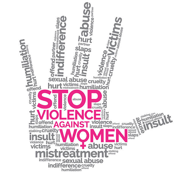 Stop Violence against Women. Word cloud in the shape of a woman’s hand for the day on violence against women. stop gesture stock illustrations
