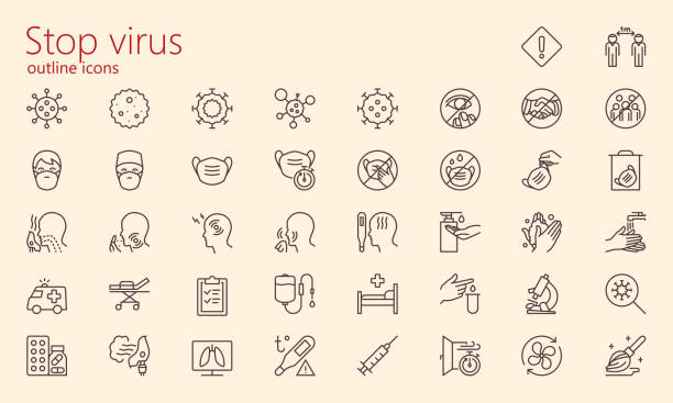 Stop virus outline iconset Virology medical outline icon set. Was created with grids for pixel perfect (if use minimal icon size 128x128px) masks stock illustrations
