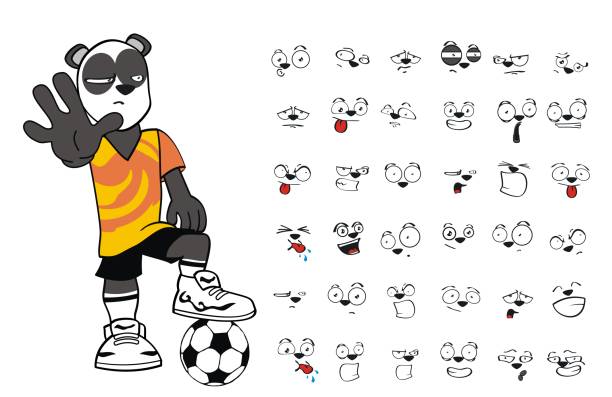 illustrations, cliparts, dessins animés et icônes de arrêter jeune panda ours cartoon soccer uniforme expressions collection - panda foot