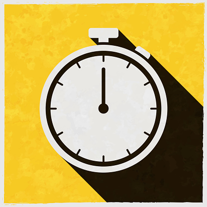 Stopwatch. Icon with long shadow on textured yellow background