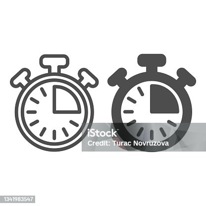 istock Stopwatch with buttons, 15 seconds, timer, chronometer line and solid icon, time concept, clock vector sign on white background, outline style icon for mobile concept and web design. Vector graphics. 1341983547
