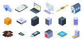 Storage icons set. Isometric set of storage vector icons for web design isolated on white background