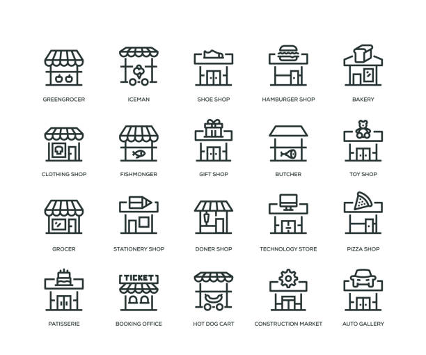 иконки здания магазина - иконы линии - small business stock illustrations