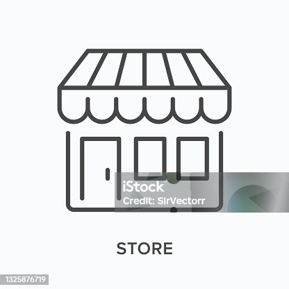 istock Store flat line icon. Vector outline illustration of little shop with awning. Black thin linear pictogram for small retail business 1325876719
